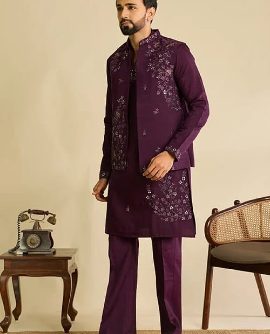 MAROON - Royal Maroon Mirror Work Koti Kurta Set for Mens Wear